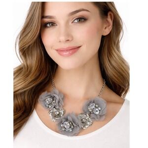 Grey Fabric Flower Crystal Bib Necklace Silver Tone Floral Mixed Media 103-77